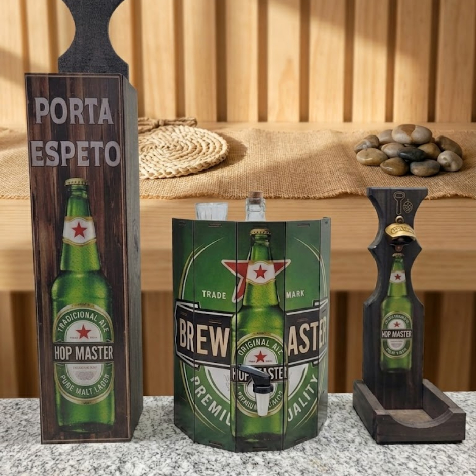 Kit Churrasco Completo porta espeto+ barril +abridor de garrafas para área gourmet presentes rústico madeira artesanal