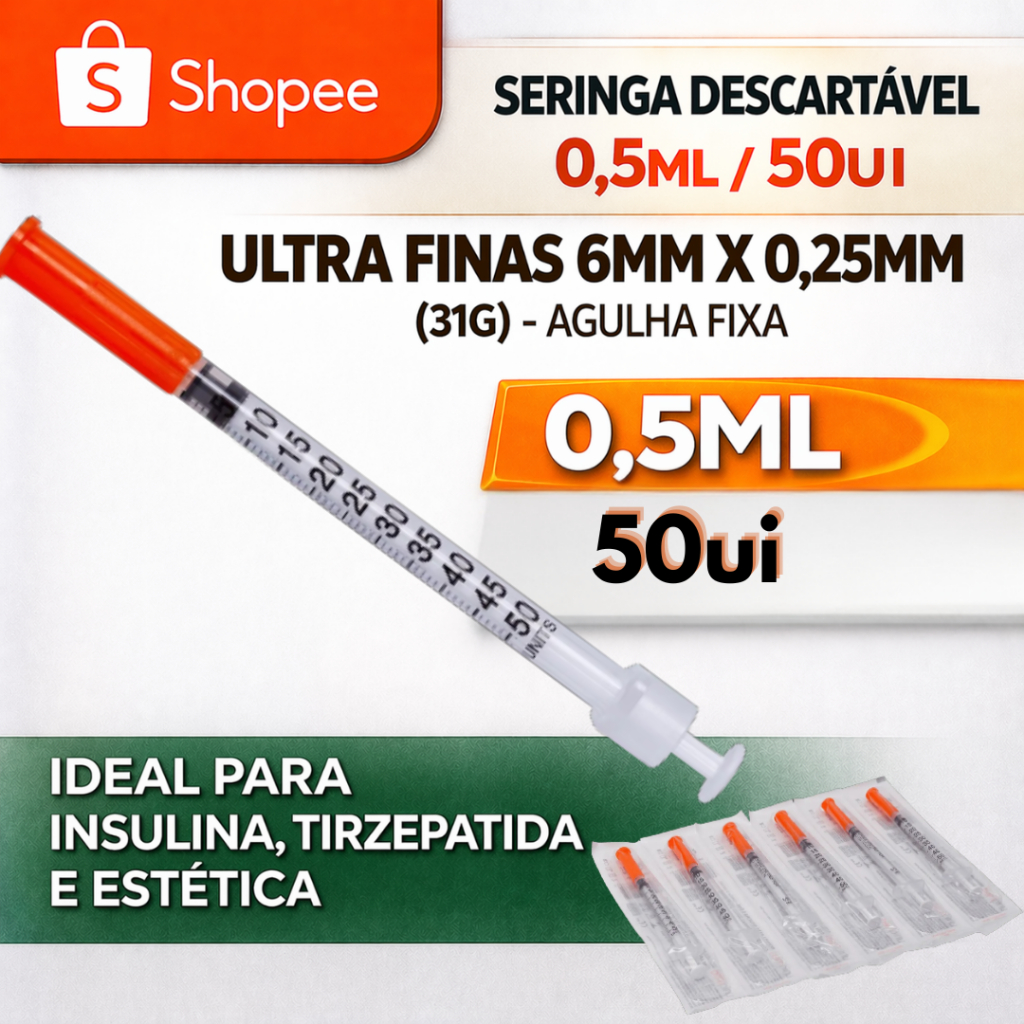 30 Seringas insulina 0,5ml (50ui) c/ Agulha Fixa 6X0,25 CURTA, EXTRA FINA - Botox, Horm. etc - VP