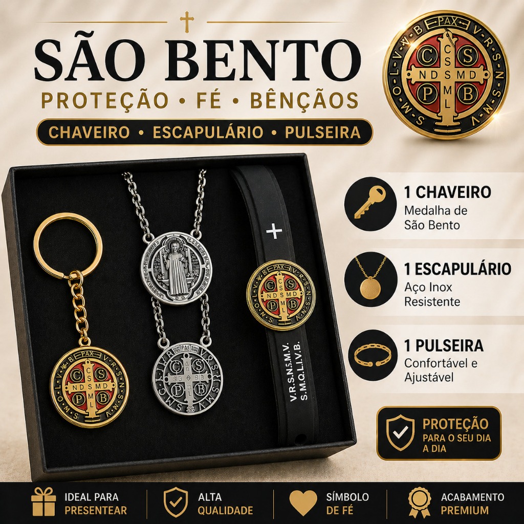 Kit São Bento Completo Chaveiro + Escapulário Aço Inox + Pulseira Ajustável -  Proteção e Fé
