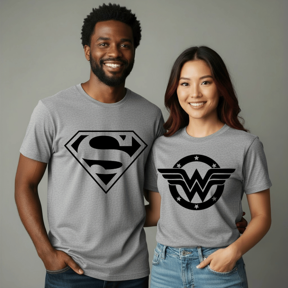 Kit Casal 2 Camisetas Superman Mulher Maravilha Blusa Engraçado Carnaval de Casal 100% Algodão