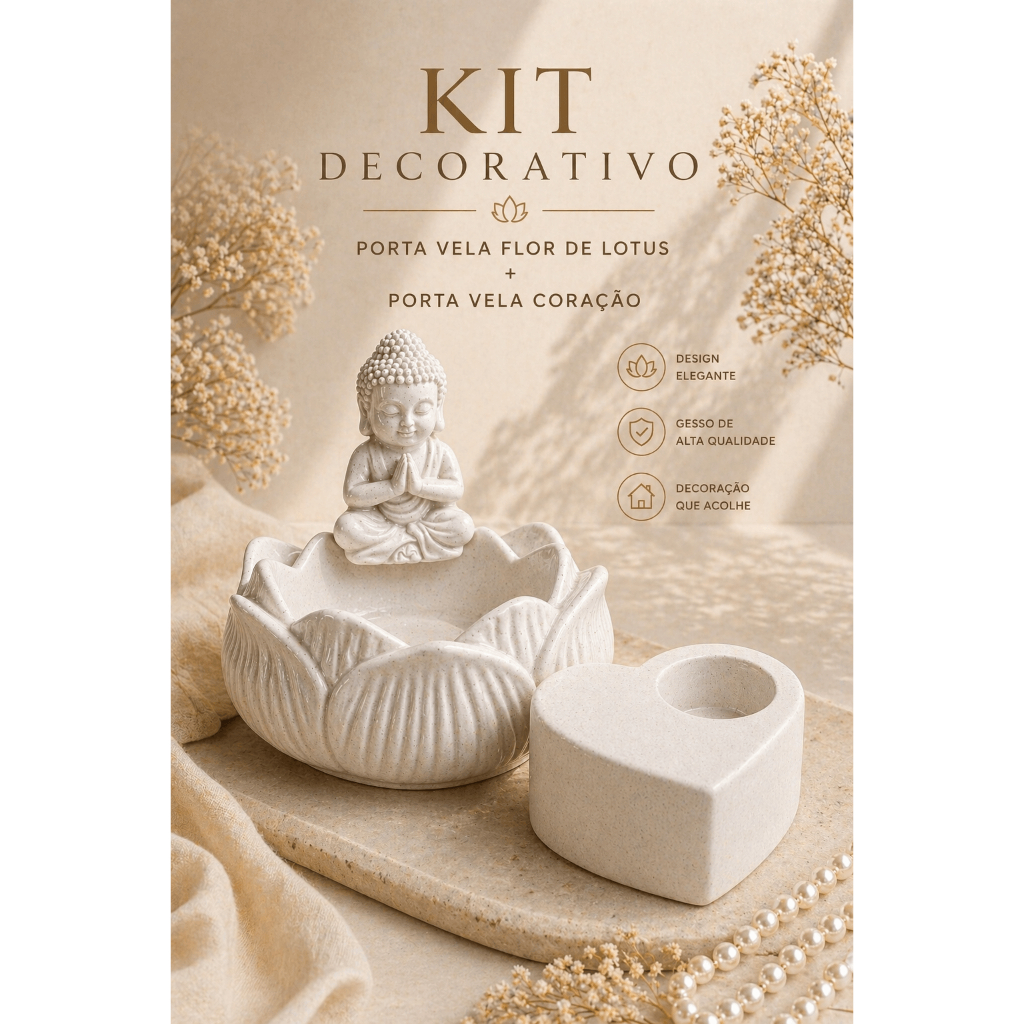 Imagem Kit Decorativo Buda + Porta Vela Coração em Gesso | Presente Elegante e Decoração Zen;,decoraçao minimalista