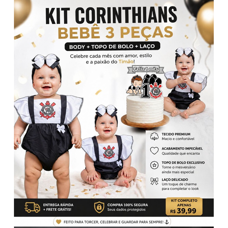 Kit Mesversário Bebê Menina Corinthians Completo Romper + Topo de Bolo + Laço Roupa Time