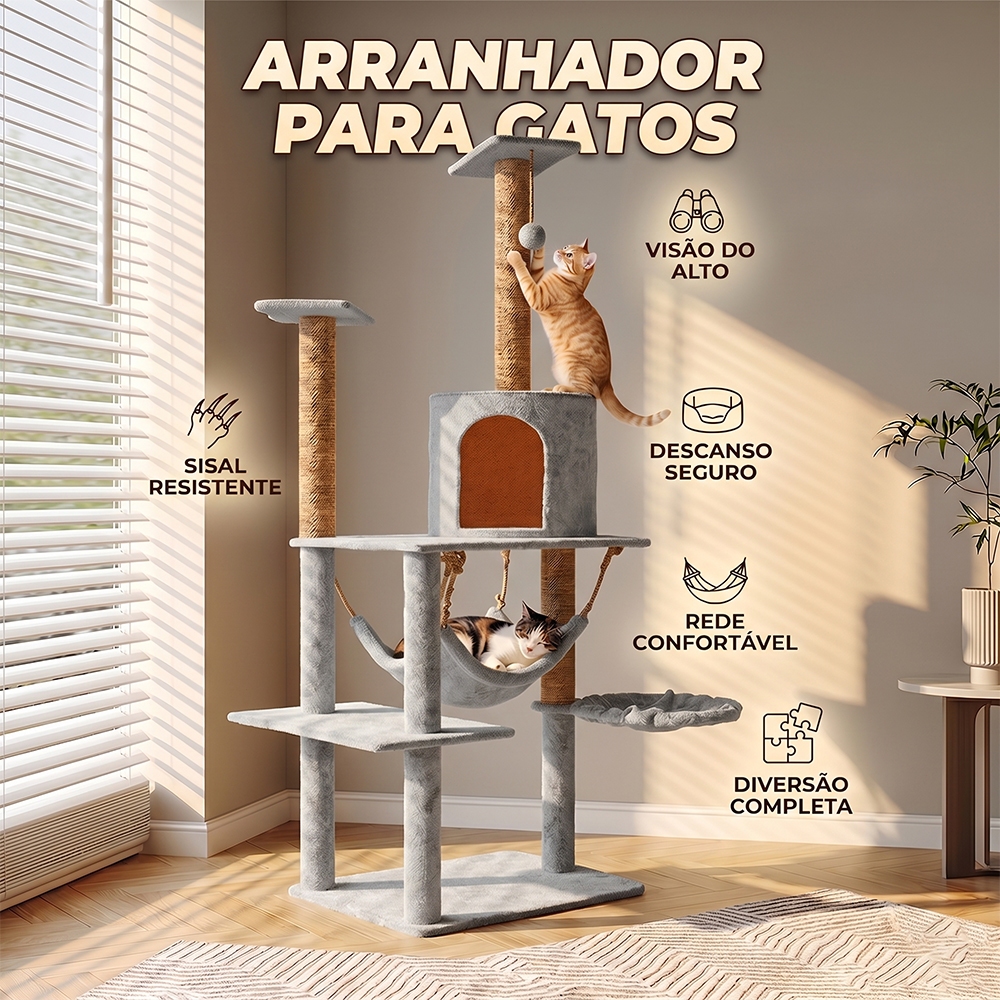 Arranhador Para Gatos Torre Casinha Brinquedo Pet Multiuso Com Rede Sisal Resistente Pelúcia 135cm Cinza Bege