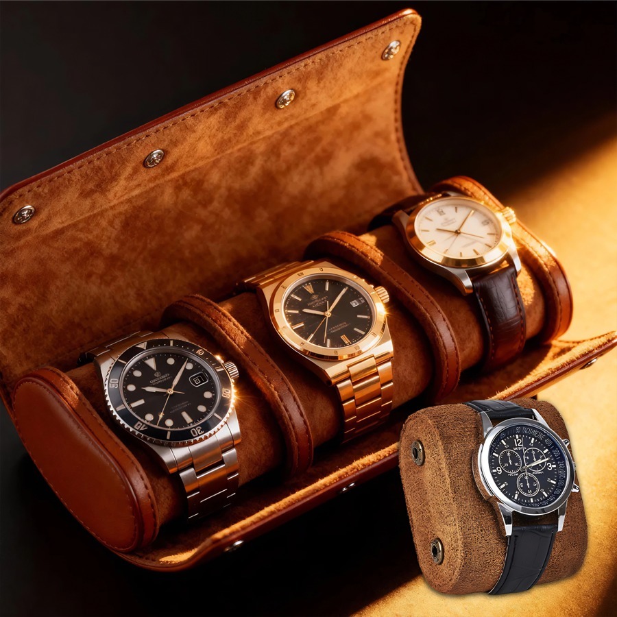 Pu Leather Watch Storage Box Fits Three 3 Slots Leather Roll Travel Case Removable Pillows And Org cor marrom