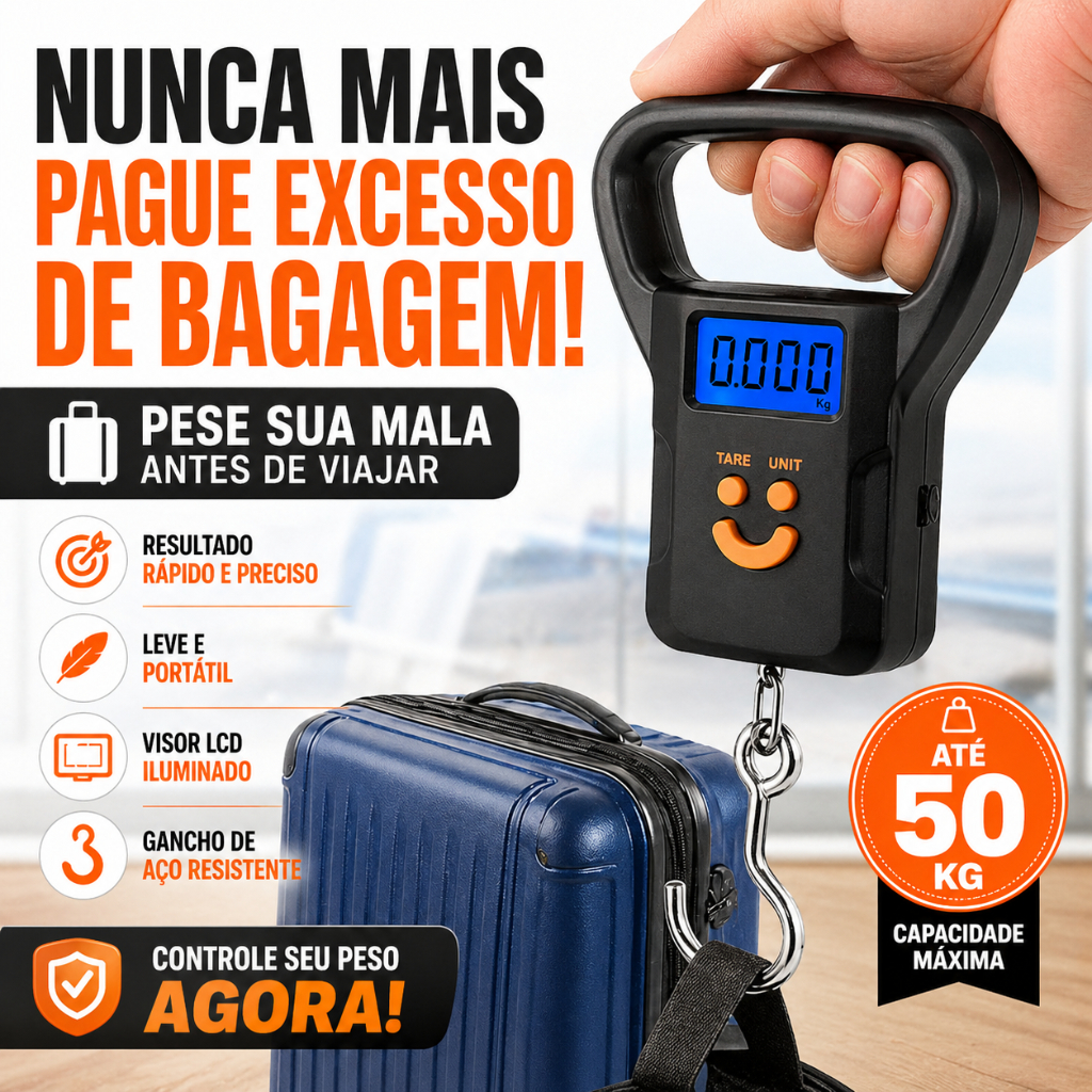 Balança Digital Portátil 50kg Bagagem Pesca Cozinha Gancho De Mão