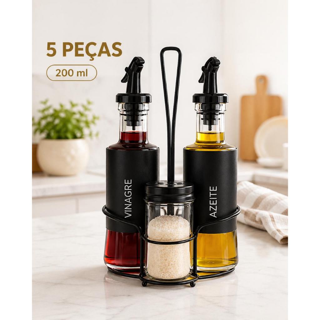 Galheteiro 5 Peças Vidro 200ml Azeite Vinagre Bico Dosador Porta Condimentos Suporte em Aço