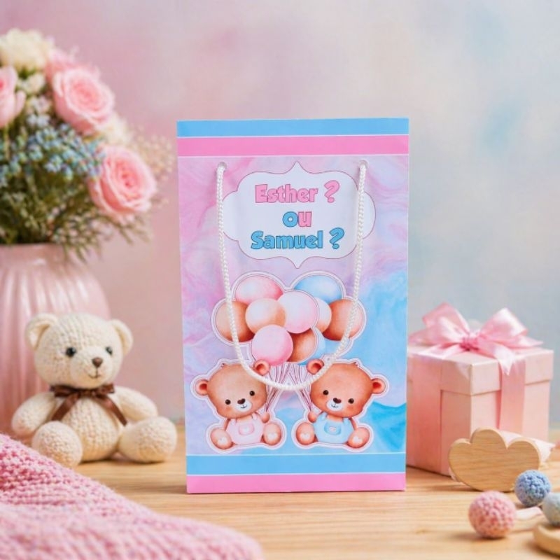 PEGUE E MONTE- Sacolinha Surpresa Chá Revelação Ursos Rosa e Azul - Personalizados - Lembrancinha - Festa- Decoração