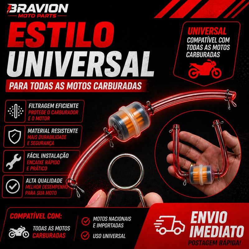 Filtro De Combustível + Mangueira Preta 25cm Com Abraçadeira Universal Motos Cg Titan Fan 125/150 Ybr