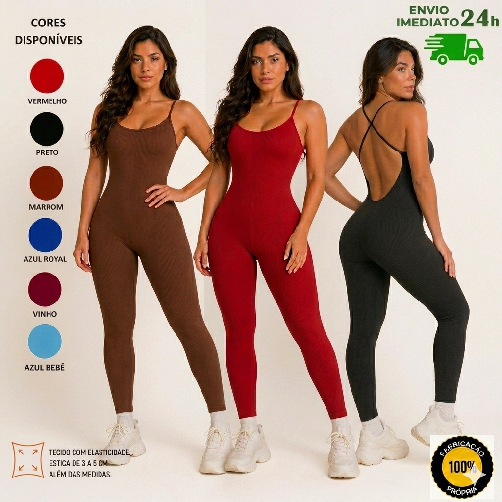 Macacão feminino Academia Costa X Canelado anarruga Longo