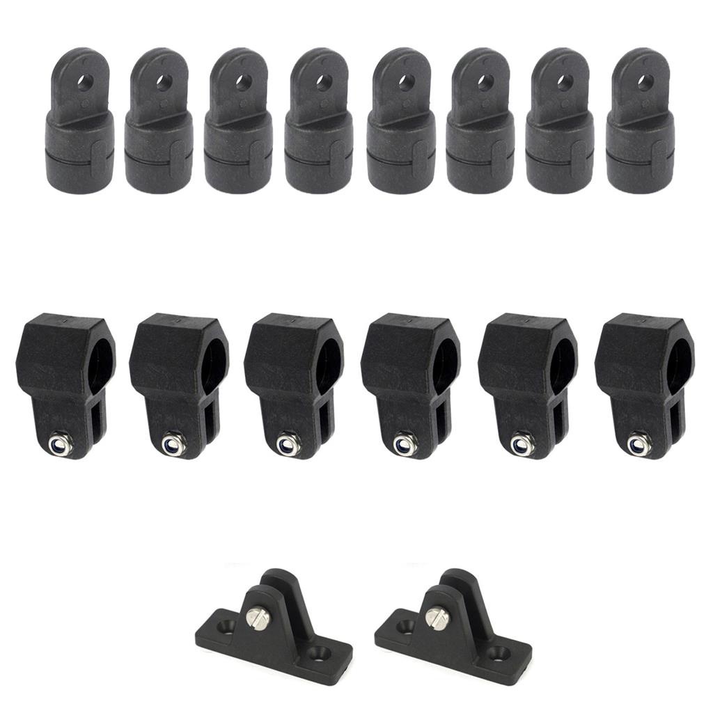 Kit Fixação 8 Ponteiras 6 Abraçadeiras 2 Base Capota 7/8 Náutica Nylon Tubo Lancha Barco Preto