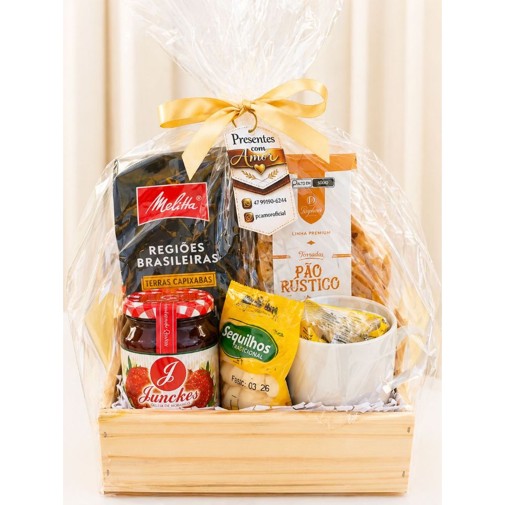 Presente | Cesta Café Gourmet com Caneca, torrada Pão Rústico, Geléia e Sequilho | Ideal para presentear