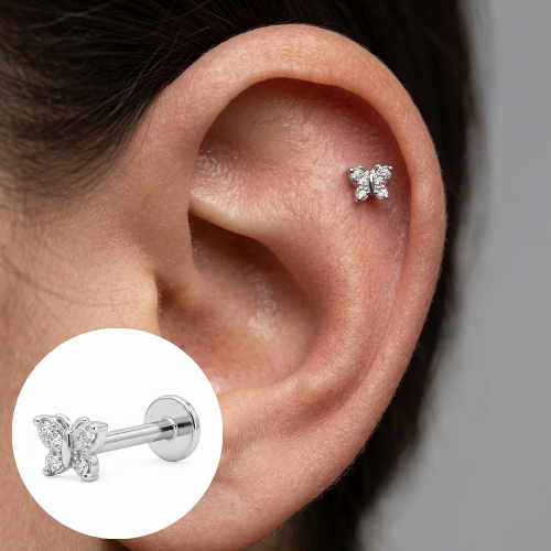 PIERCING BORBOLETA CRAVEJADO PRATA 925 - HELIX TRAGUS ORELHA