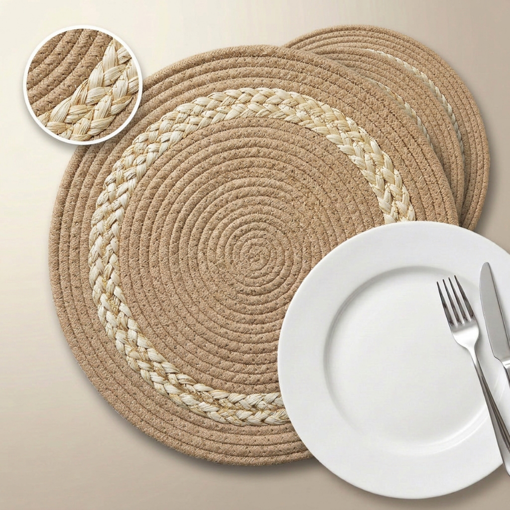 Jogo Americano Trançado de Palha Juta e Algodão Mesa Jantar 38cm 1, 4 ou 6 peças Novidade!