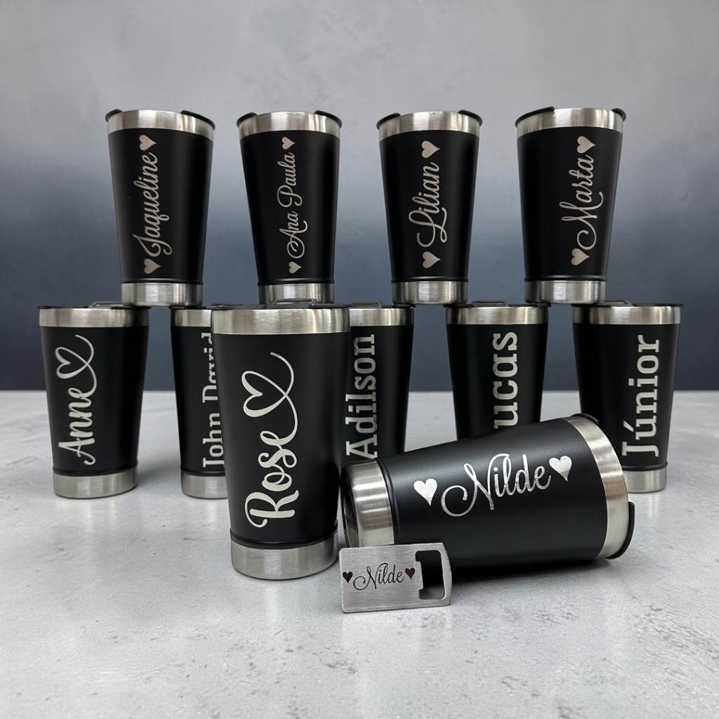 KIT 10 à 30 Copos Térmicos Preto Inox 473ml Personalizado a Laser – Seu Nome, Logo ou Time