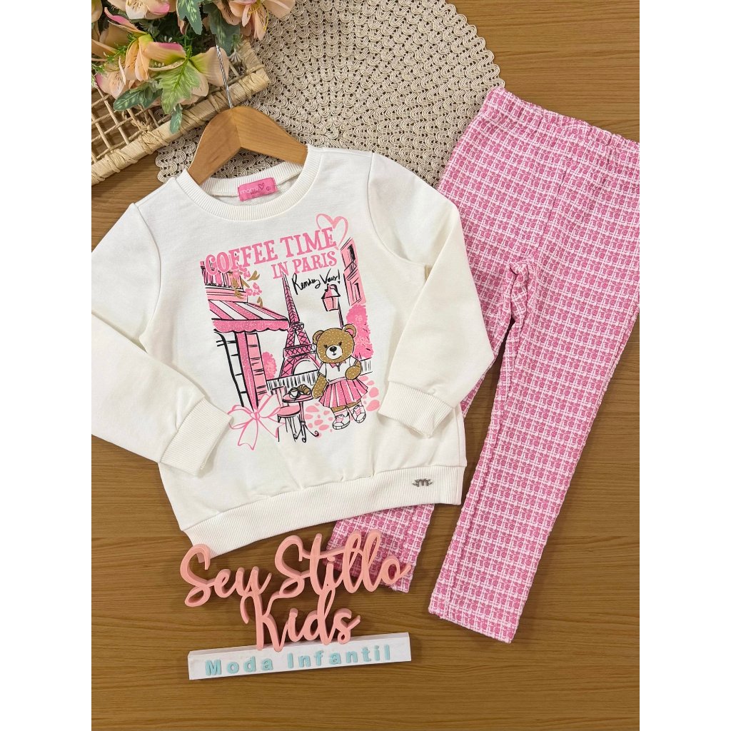 Conjunto Infantil Momi Inverno com Calça Legging Rosa e Moletom sem Flanela Ursinha em Paris