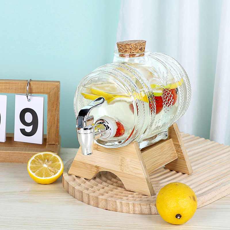 Dispenser de Vidro 1,5L com Torneira Suporte Madeira Barril Bebidas Cachaça Whisky Decoração RE201