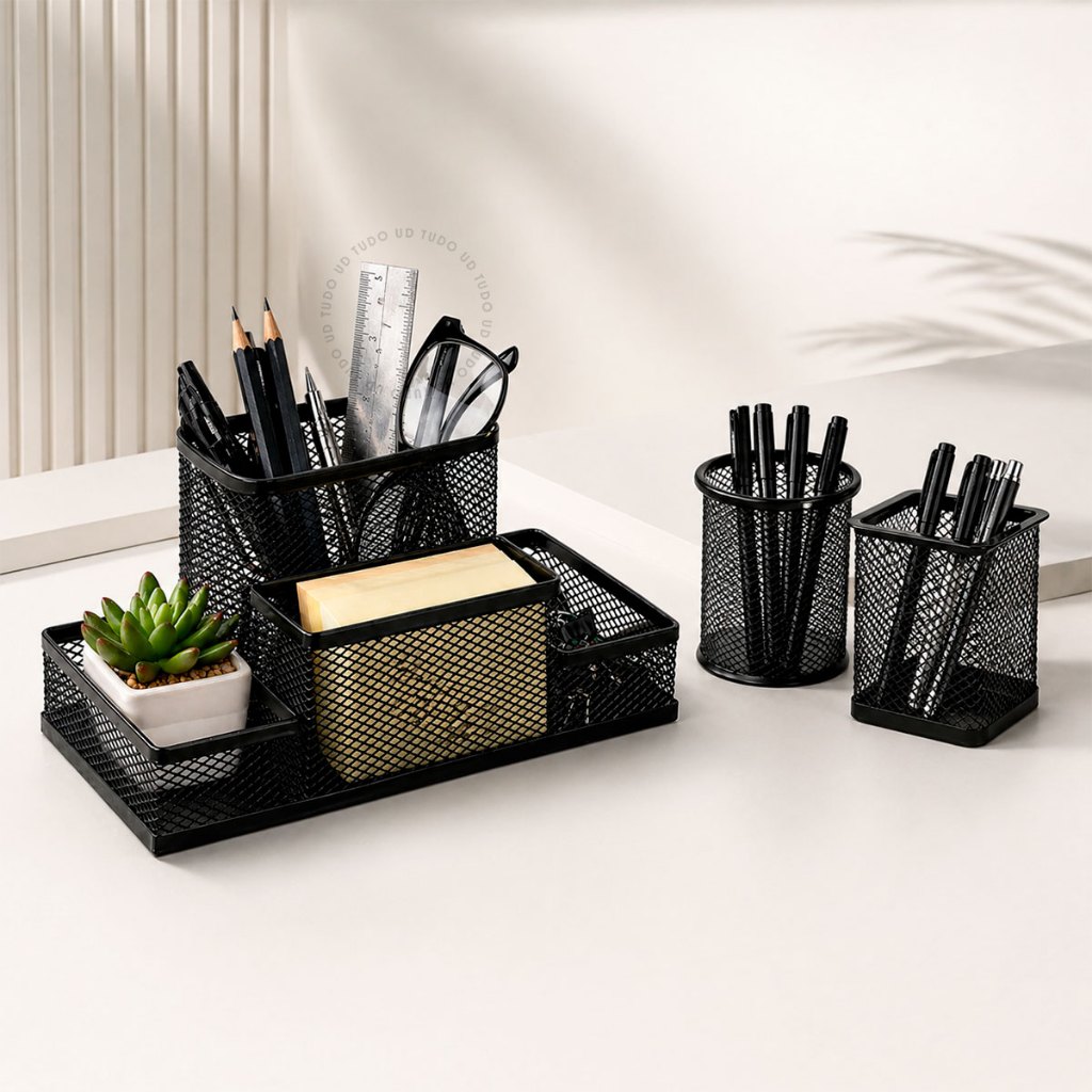 Organizador de Mesa Metal Aramado Para Escritório 3 Divisões Porta Caneta Redondo Quadrado Lapís Caneta Clips