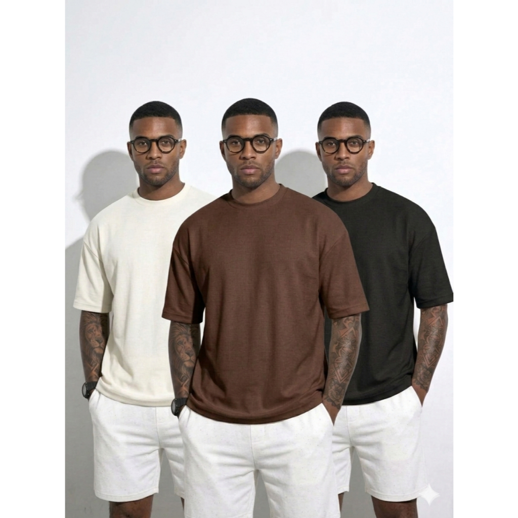 Kit de 3 Camisetas Oversized Texturizada Canelada Premium Estilo Casual Urbano Streetwear Baladeiro Premium Urbano