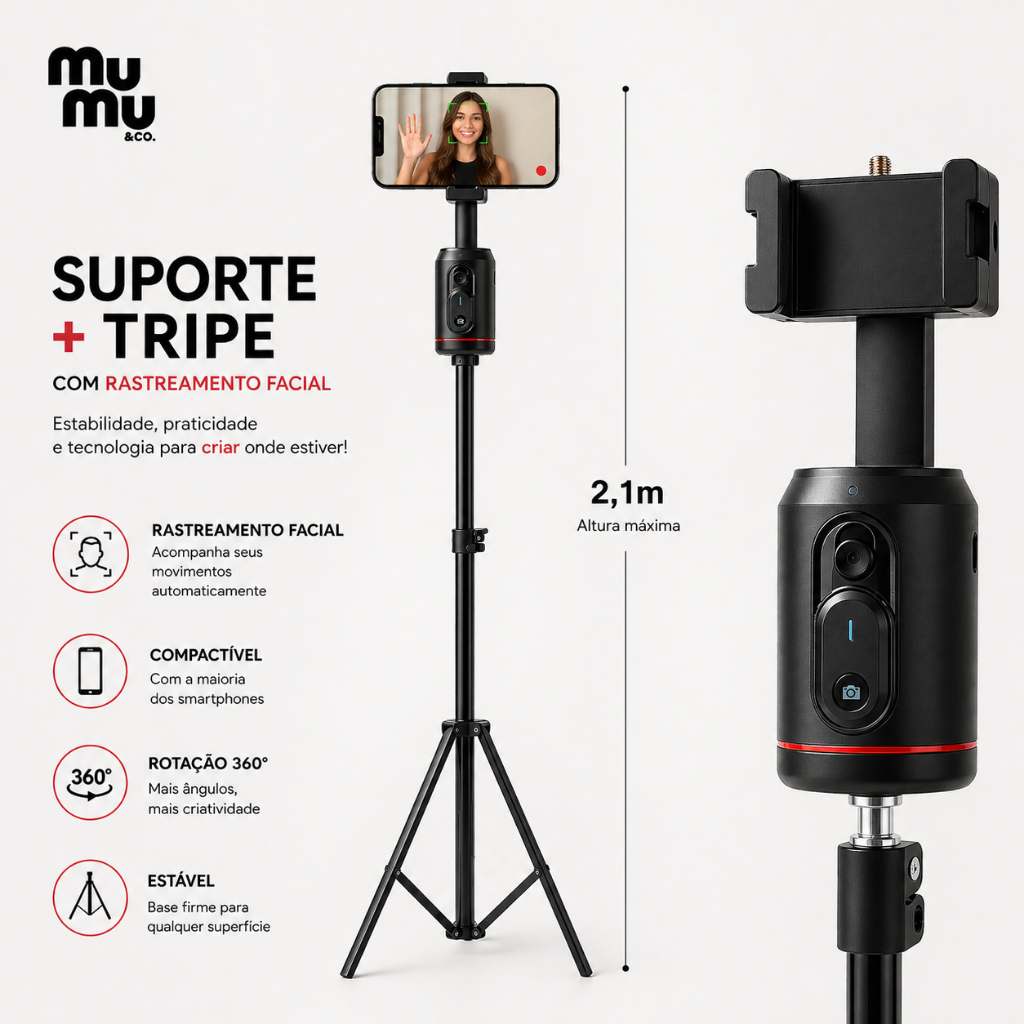 Tripé Inteligente Suporte para Celular Reconhecimento Facial 360° 2.1m Automático p/ Vídeo e TikTok