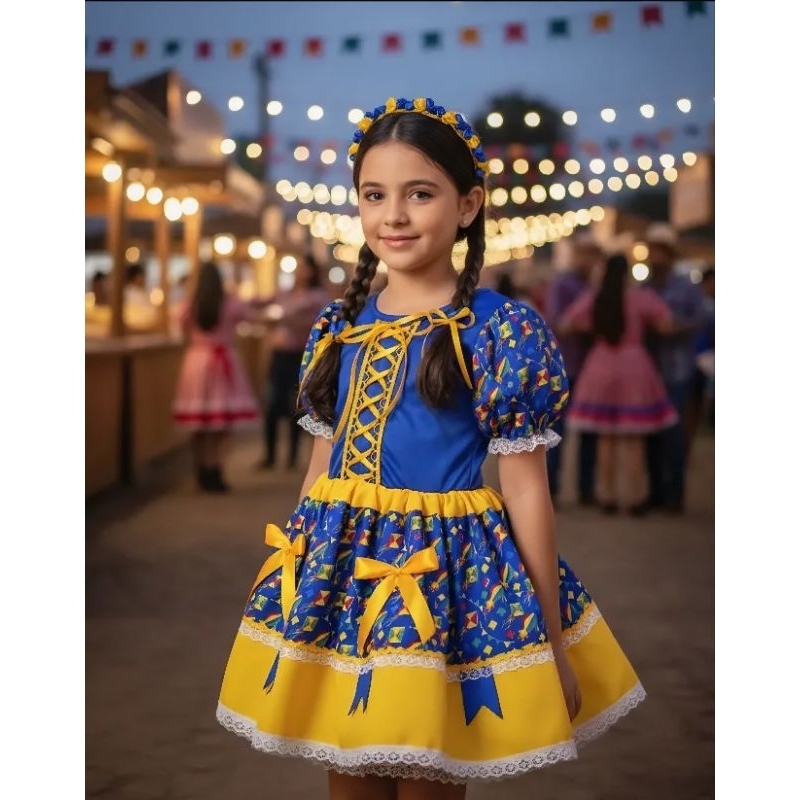 Vestido Festa Junina Caipira  C/Tiara  infantil azul laços do 2 ao 12 anos