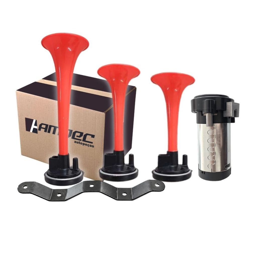Kit Buzina Pneumática Com 3 Cornetas Ar Comprimido Verdureiro Com Compressor a Ar VLZ00054