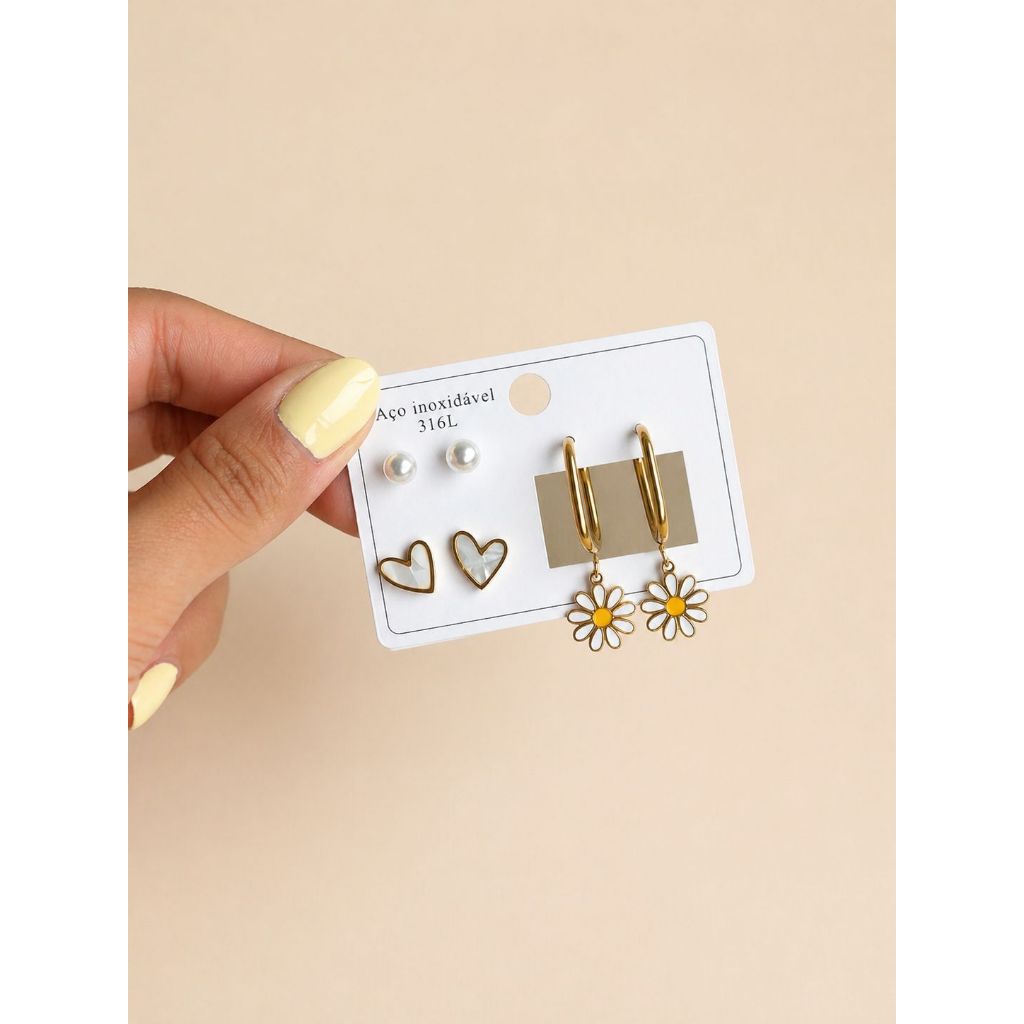 Trio de Brincos Feminino em Aço Inoxidável Margarida Flor Pérola Dourado Rosa Delicado Antialérgico