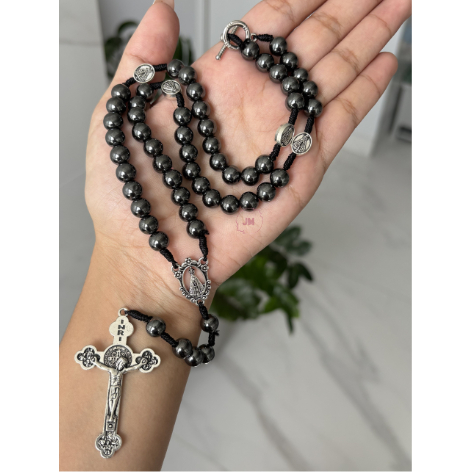 Terço Nossa Senhora Aparecida Hematita Pescoço 40cm