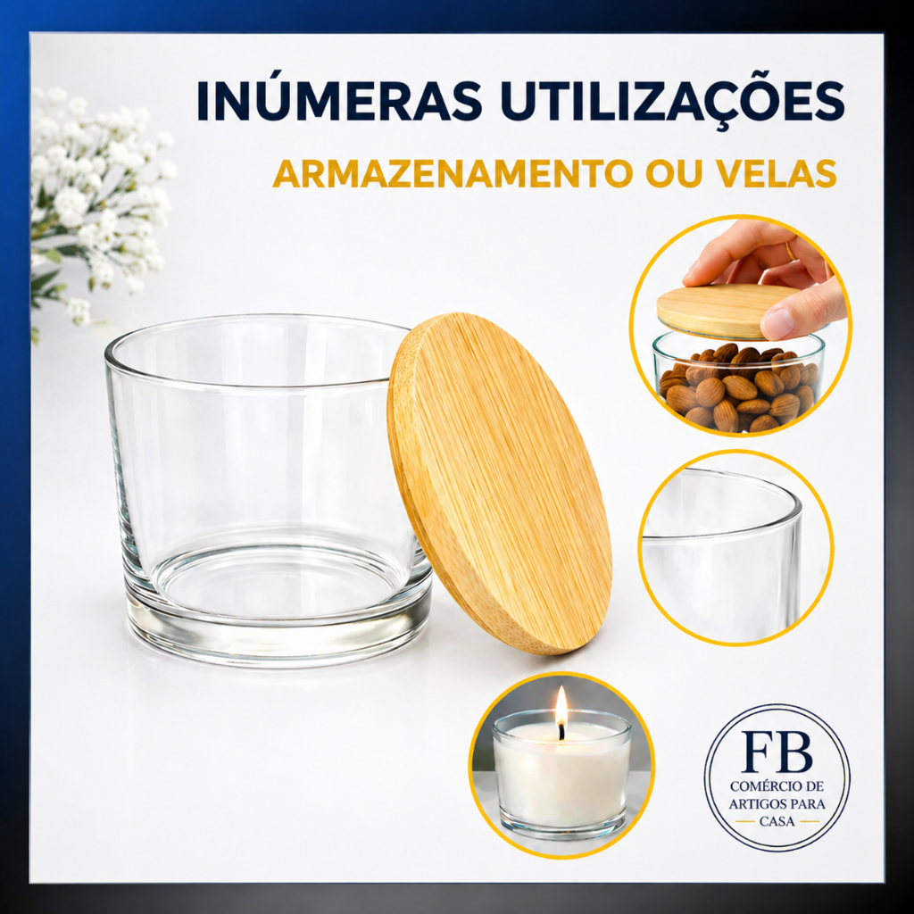 Kit 24 Potes de Vidro 150ml para Velas Tampas Madeira Lembrancinha Aniversários Nadir Figueiredo