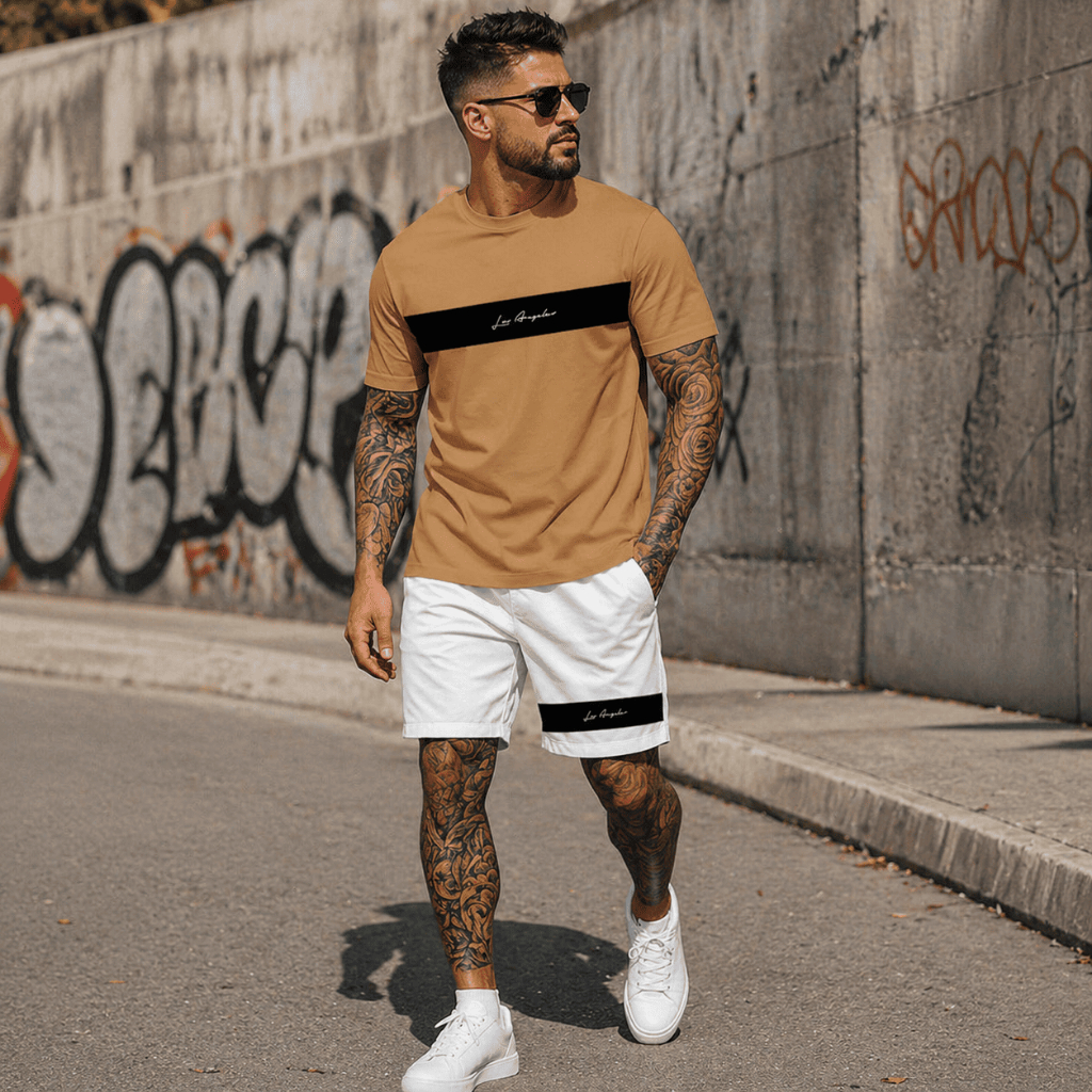 Kit Camiseta e Short Streetwear Camisa de Algodão 26.1 Premium Los Angeles Faixa