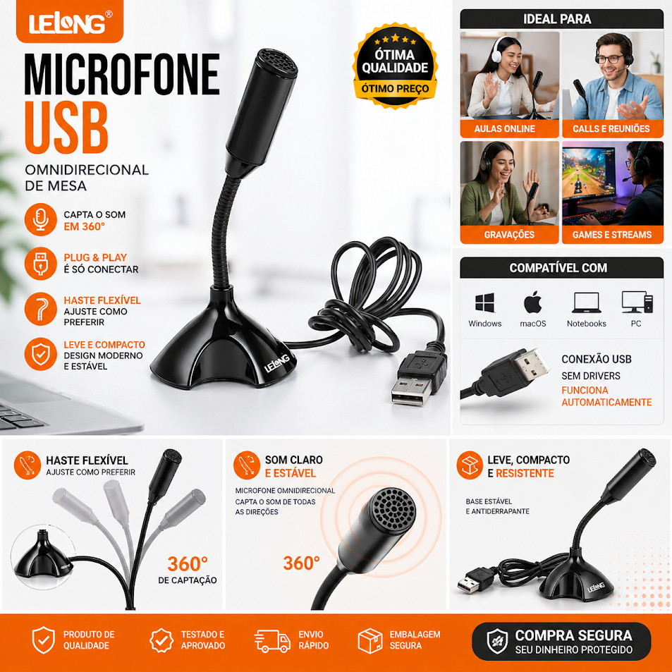 Microfone USB Lelong Omnidirecional Mesa PC Notebook Cor Preto ENVIO IMEDIATO