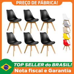 Kit 6 Cadeiras Charles Eames Leda Luisa Saarinen Design Wood Estofada Base Madeira