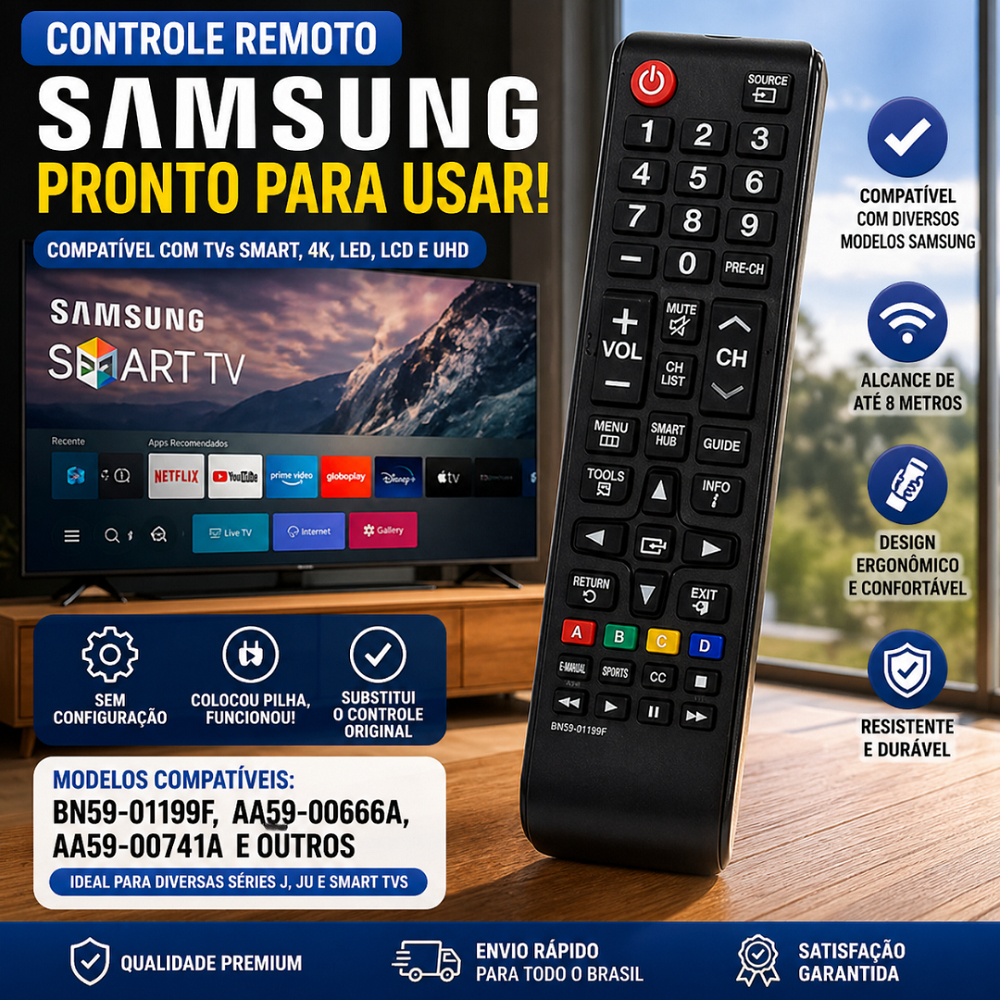 Controle Remoto Compatível com Smart TV Samsung 4K Universal BN59 LCD LED UHD Substituto Pronto Uso Sem Configuração