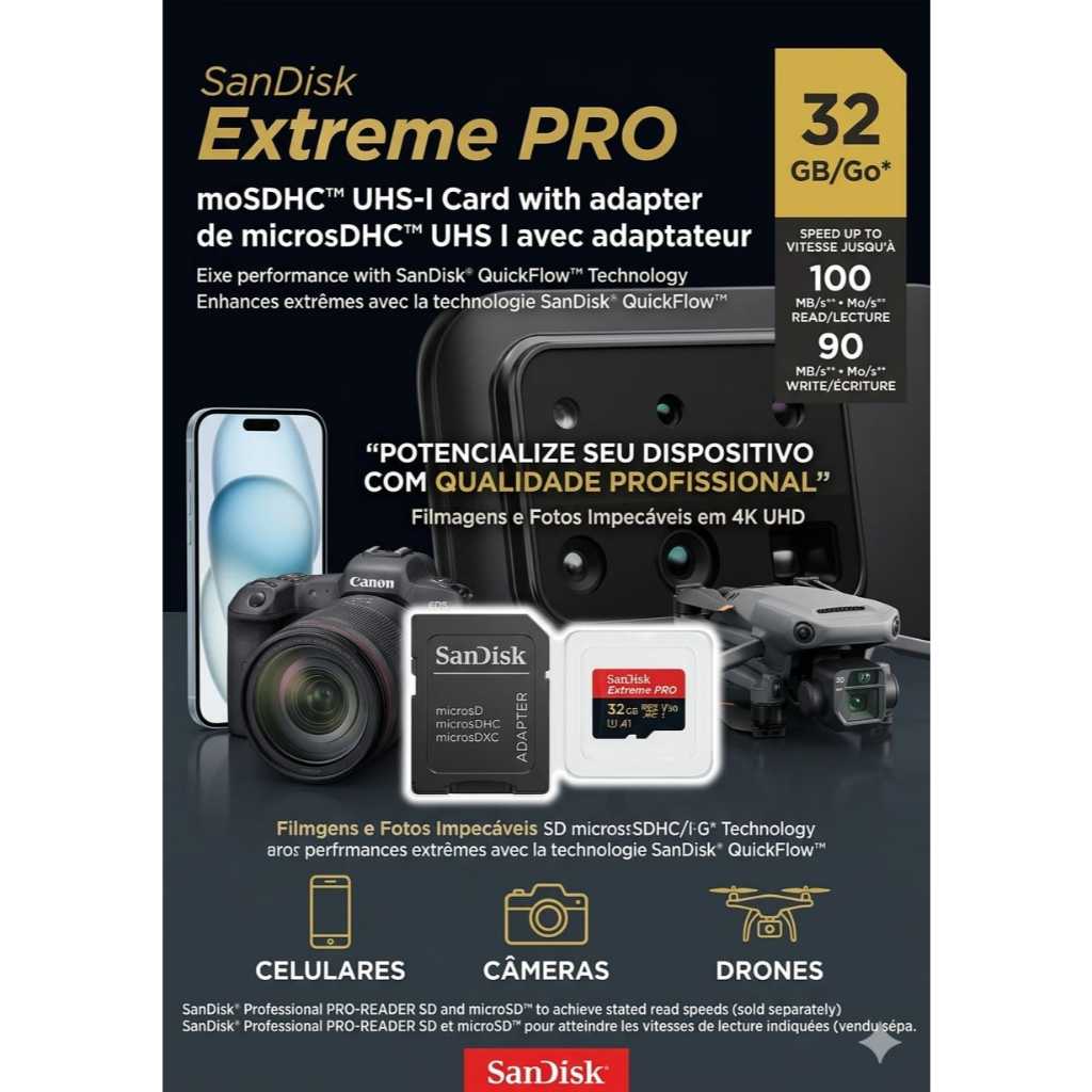 SanDisk CARTÃO DE MEMÓRIA MICRO SD 32GB EXTREME PRO 100MB/S U3 V30 4K