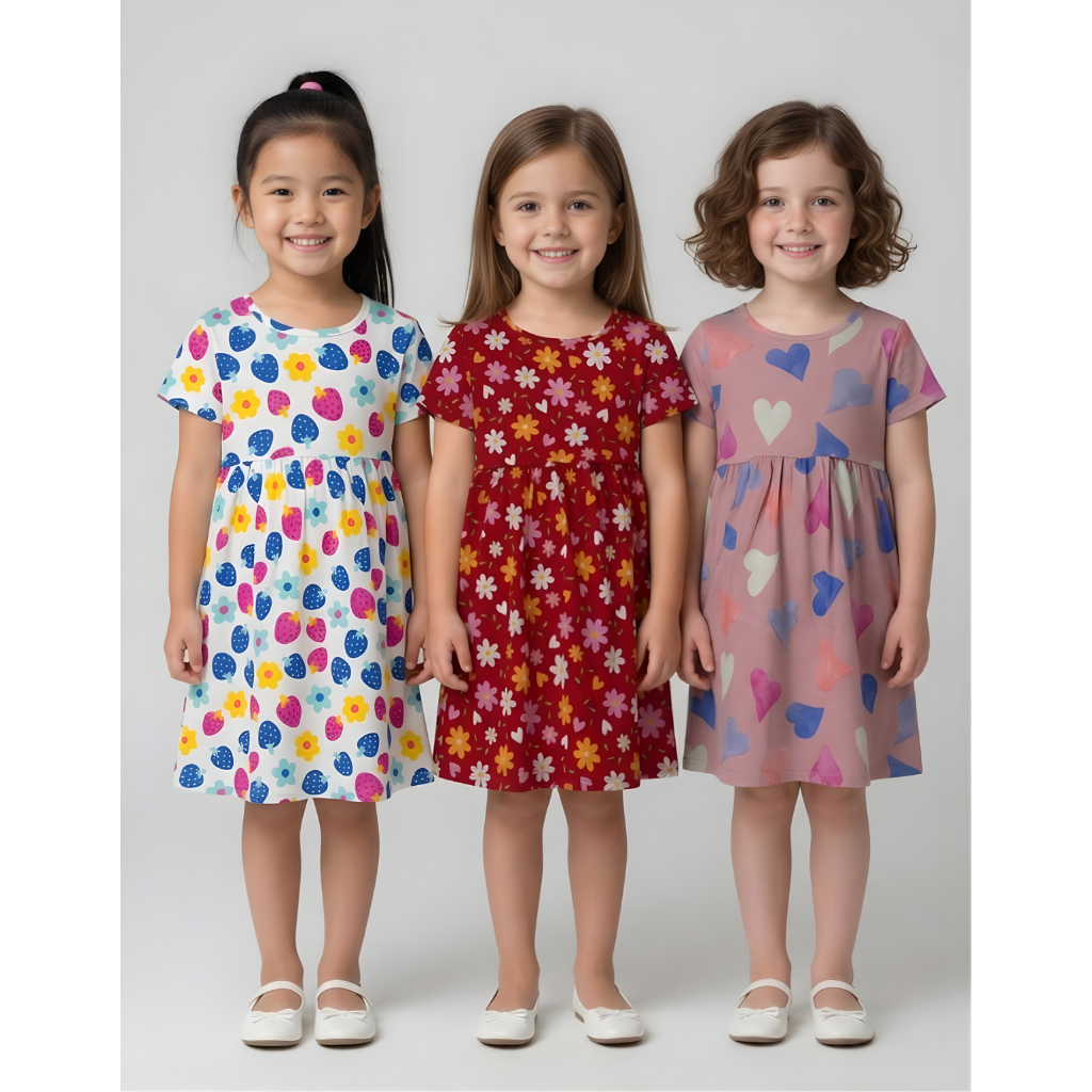 Kit 3 Vestidos Infantil Menina Algodão Estampas Sortidas Conforto Verão Dia a Dia 1 a 10 Anos Fresquinho
