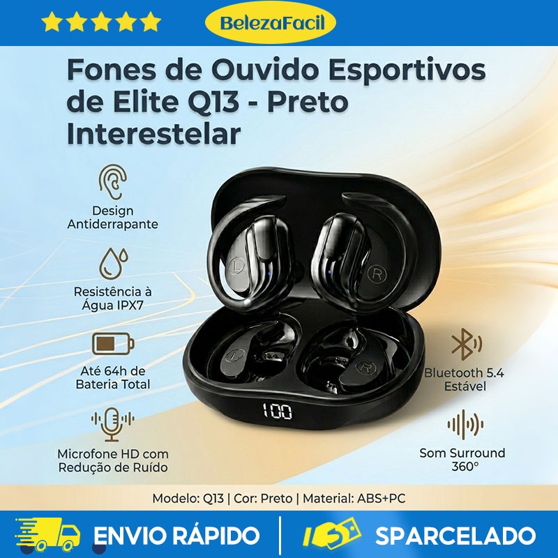 Fone de ouvido Bluetooth sem fio Q13 TWS 5.4 64h Bateria Display Digital Cancelamento de Ruído AI 360° Som Surround
