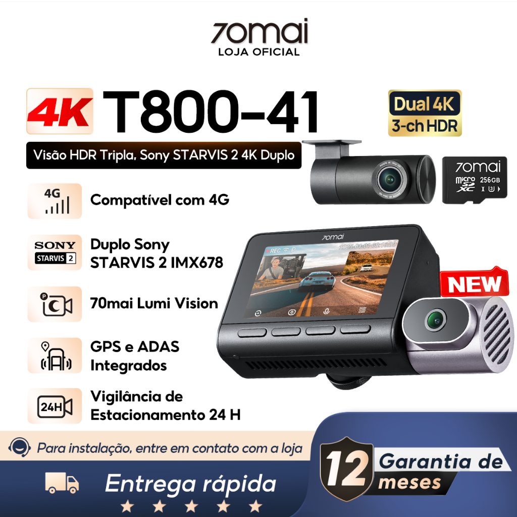 Câmera Veicular 70mai T800 3 Canais Dual 4k Sony STARVIS 2 IMX678 Hdr 4g GPS&ADAS Lumi Vision AI