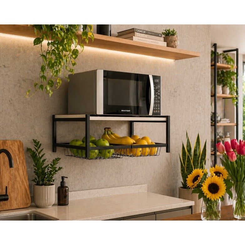 Fruteira De Parede Com 2 Cestos Aço Estilo Industrial Preto Suporte Microondas Resistente e Forte