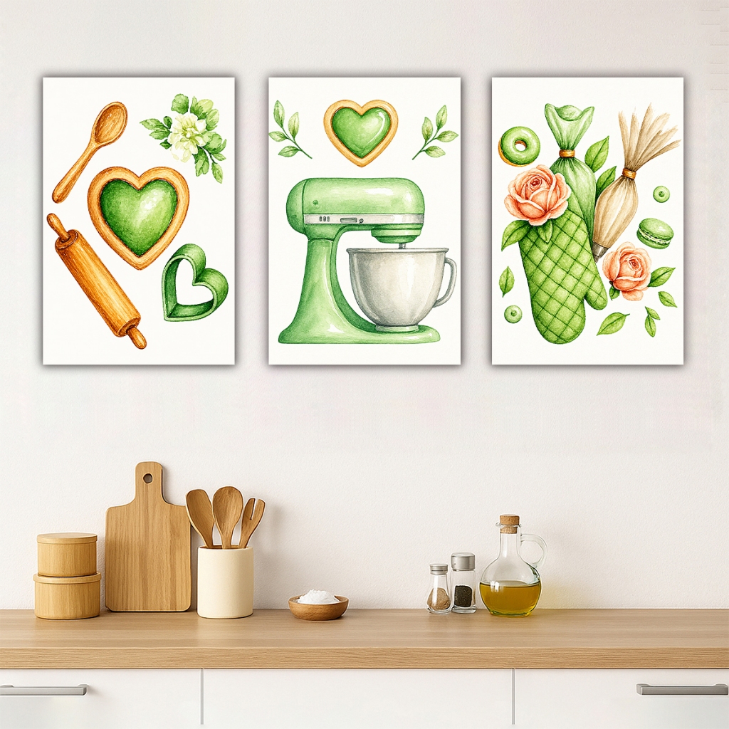 quadros decorativos cozinha copa - batedeira flores folhas - tons ver aquarela - kit com 3 placas 20x30cm