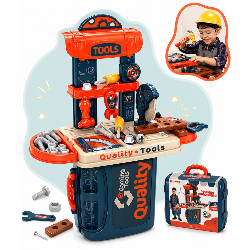 Bancada De Ferramentas Infantil Didática Educativa Com Kit Ferramentas Brinquedo Oficina Kizumba