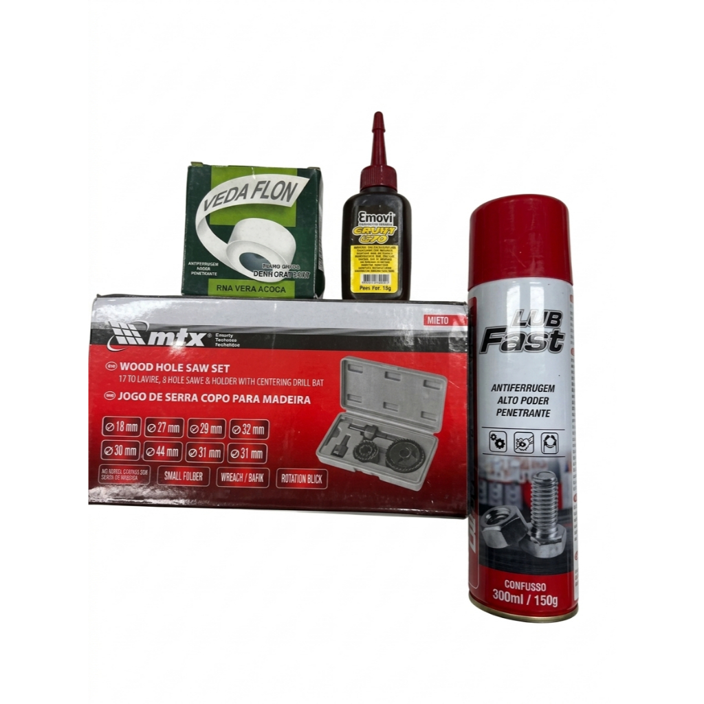 Kit ferramentas 4 peças Grafite em Pó + Desengripante Lub Fast +Fita Veda Rosca + Jogo De Serra Copo