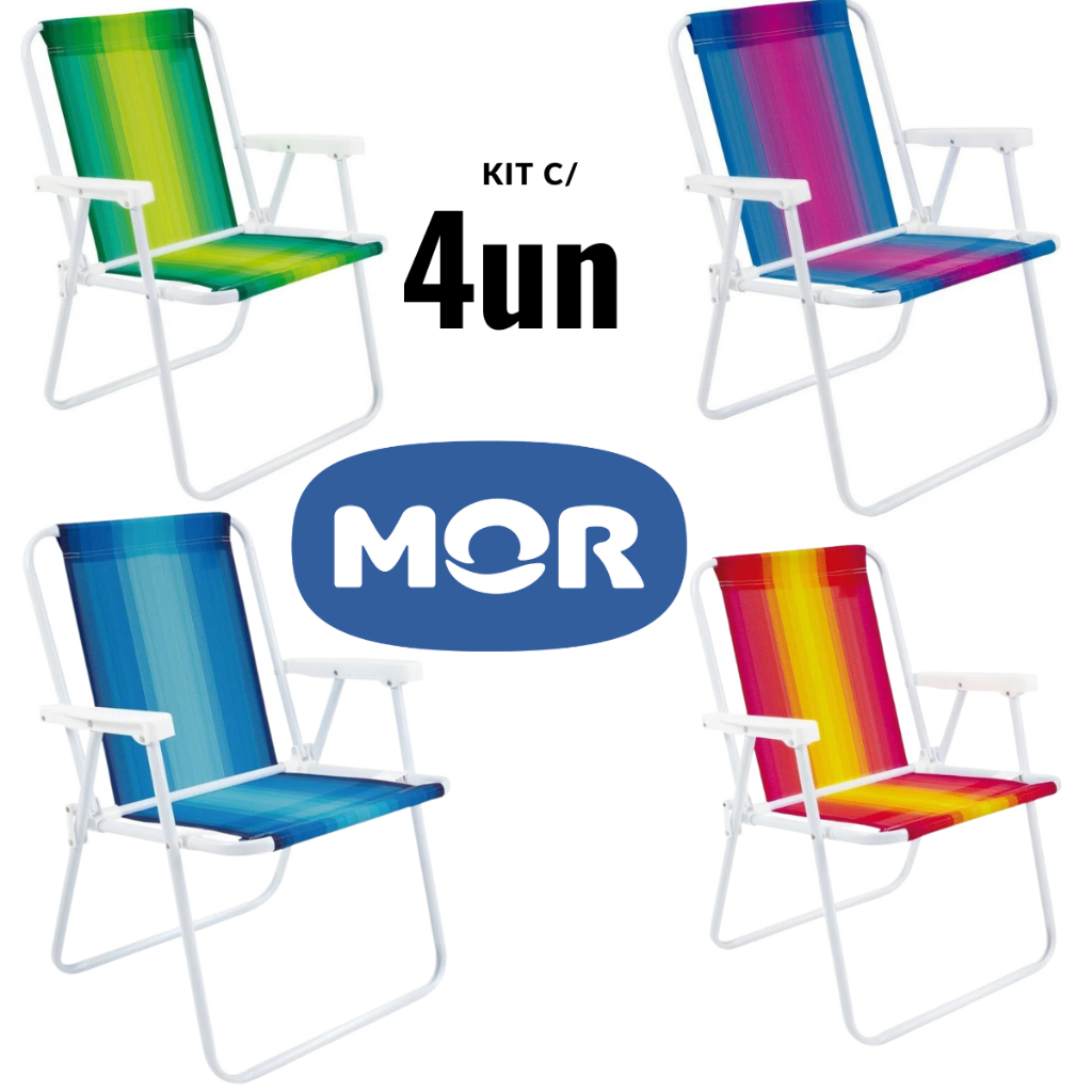 Kit 4 Cadeiras de Praia MOR Aço Alumínio Super Resistente Cores Sortidas 110kg Mor