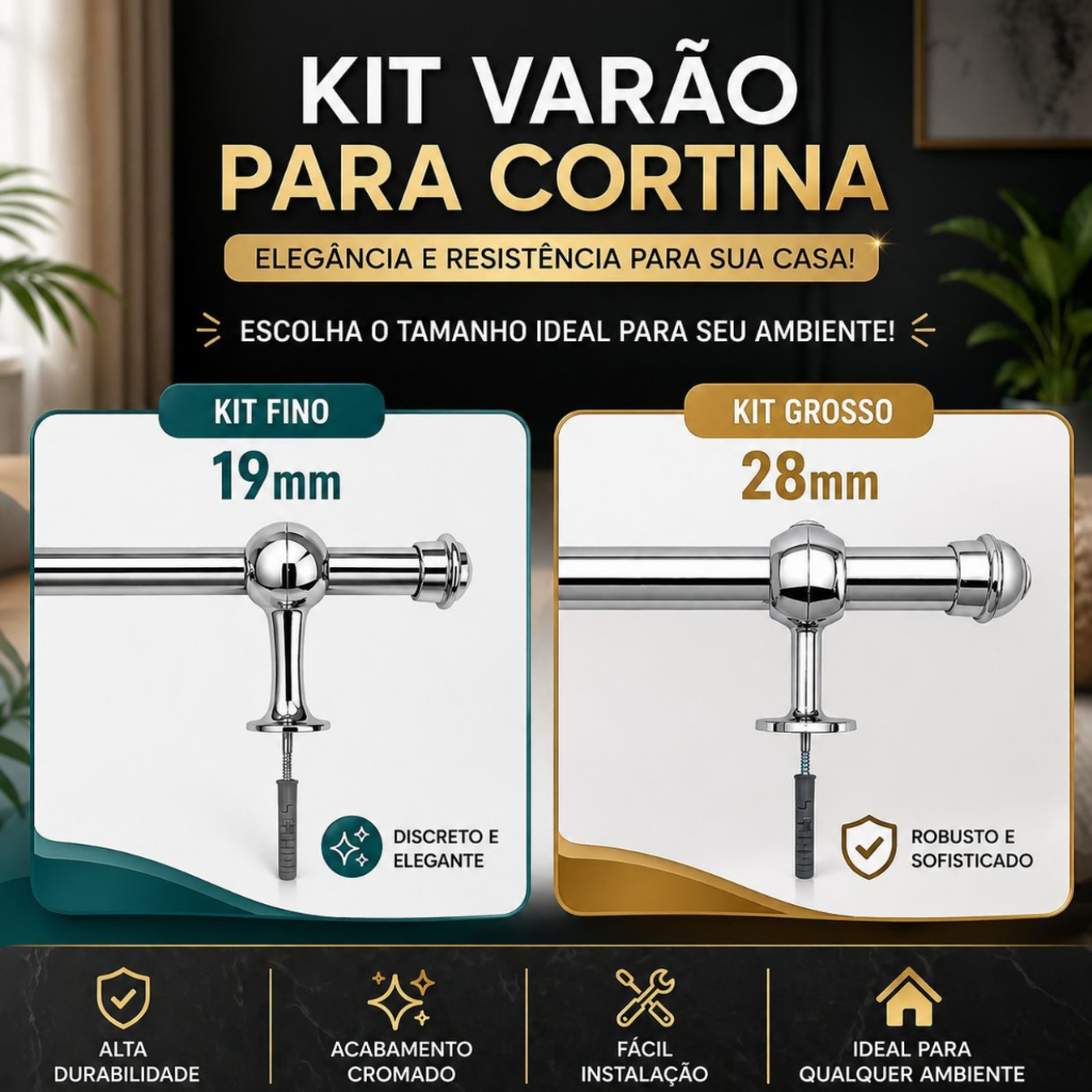 Varão de Cortina Cromado 19 MM ou 28MM 1mts/1.2mts/1.5mts/2mts/2.4mts/3mts.