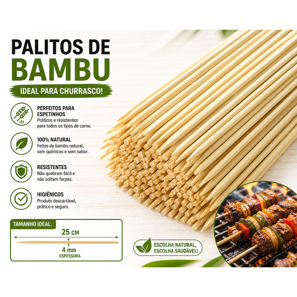 1000 Palito Espeto Bambu P/ Churrasco 25cm - Pct Com 1000