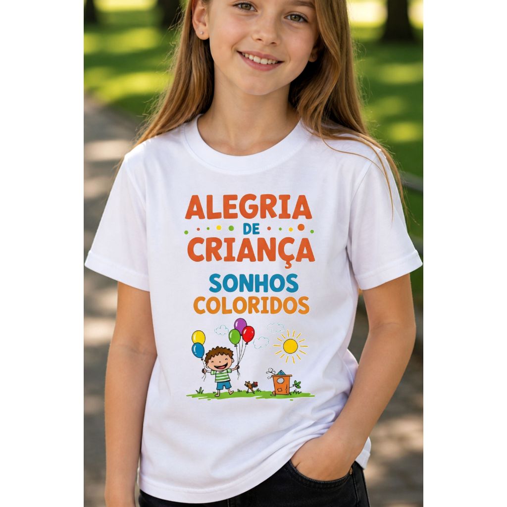 Camiseta Infantil Estampada, Camisa Branca - Alegria De Criança, Sonhos Coloridos