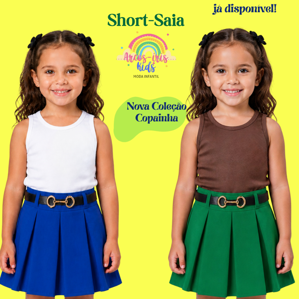 kit 2 Short Saia Infantil Plissada Copa Rodada Menina Moda Blogueira Casual Cinto Tendência Fashion