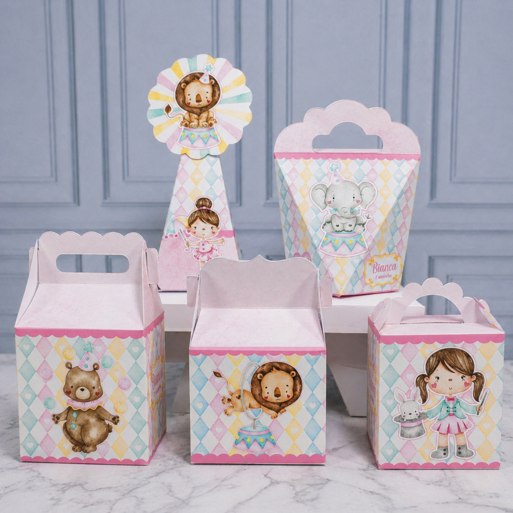 Kit Caixinhas Papelaria Personalizada CIRCO menina Lembrancinha Surpresa Aniversário Festa Infantil Desmontado