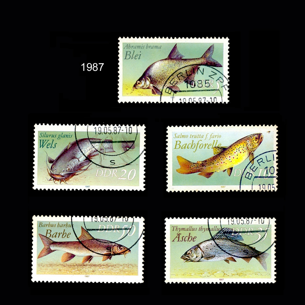 Selos de coleção Alemanha DDR 1987 série temática Peixes 5 selos carimbados porém com goma original sem uso.