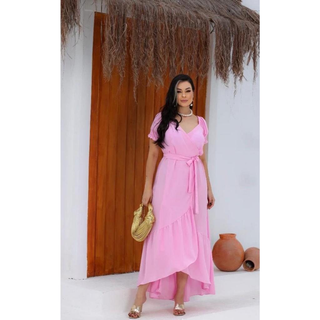 Vestido Midi Rosa Moda Evangélica Feminino, saia mallet, crepe transpassado, vestido envelope