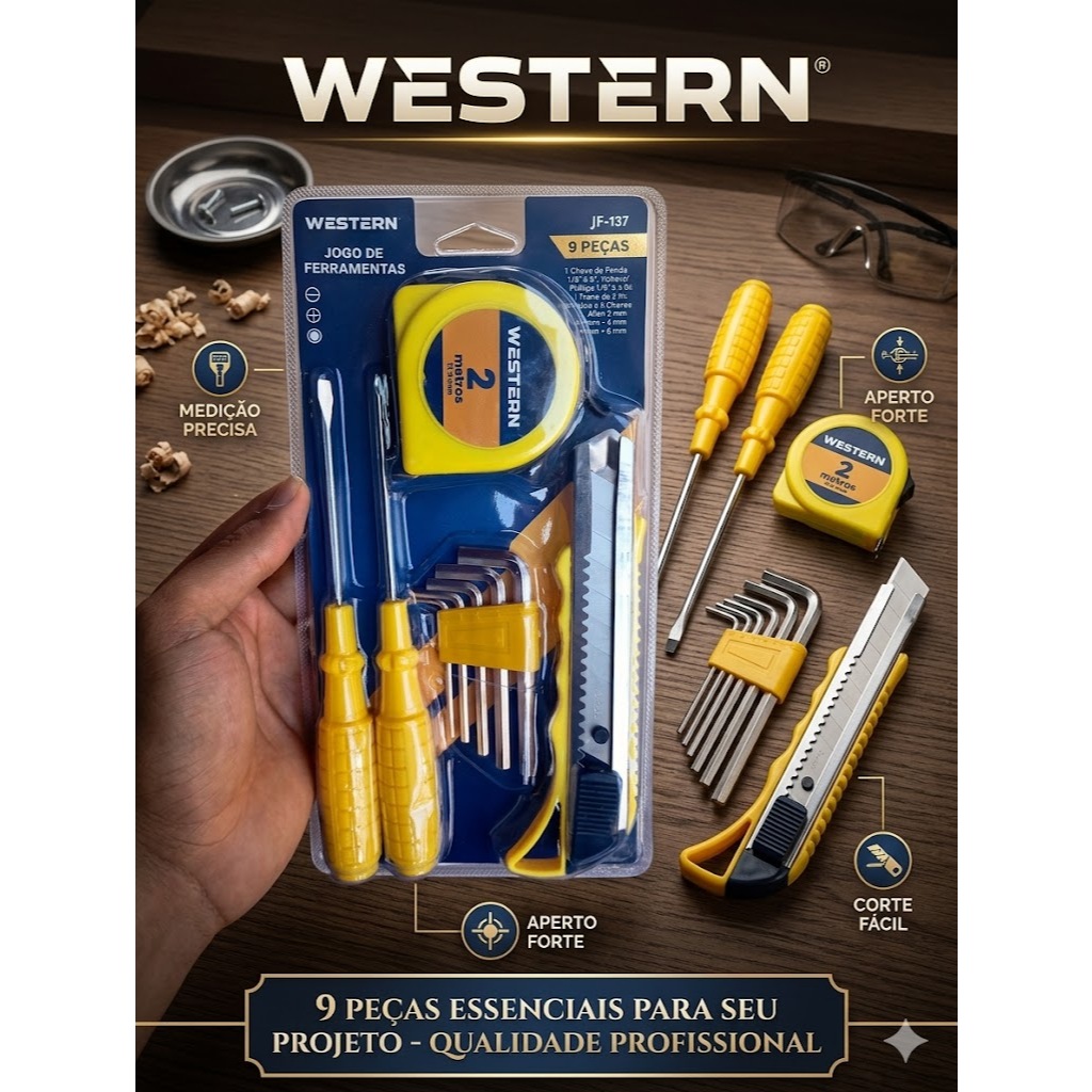 Western Jogo de Ferramentas com 9 Peças Western Inclui Fita Métrica e Ferramentas Essenciais