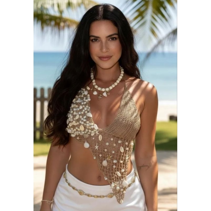 blusa em crochê luxo com conchas e pérolas feito à mão envio 3 dias úteis